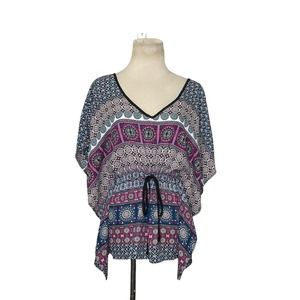 Glam bright blue pink floral tunic top blouse size small